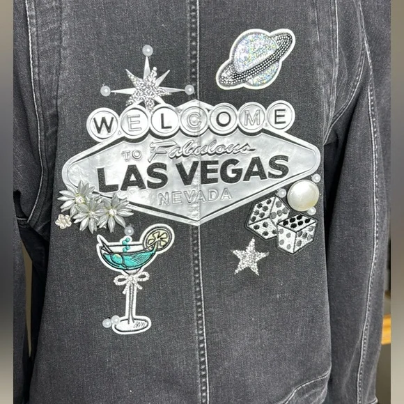 Free People Black Gray Denim Jacket Size Medium Las Vegas Embellished Unique - Picture 2 of 8